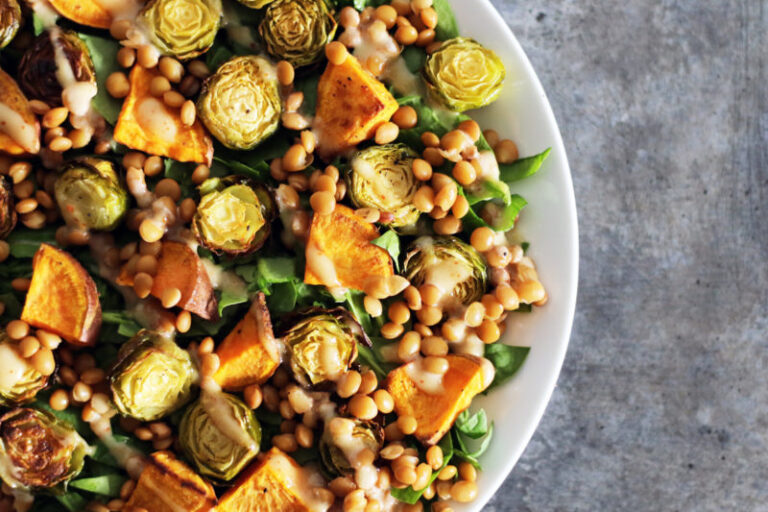 Roasted Sweet Potato and Brussels Sprouts Salad with Maple Tahini Drizzle