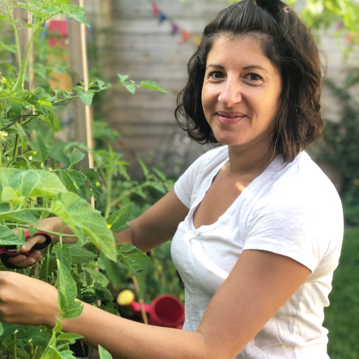 Meghan in her home garden